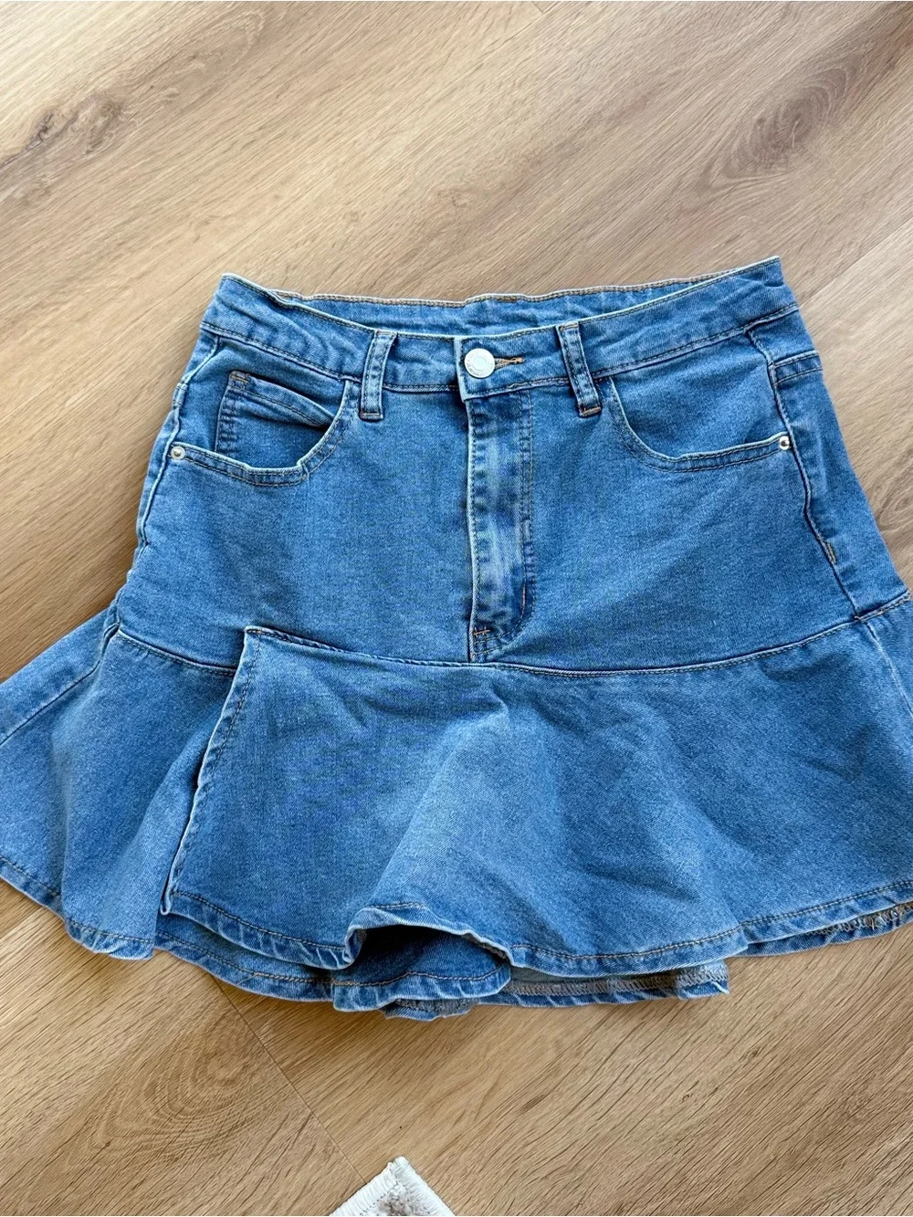 Denim Ruffle Mini Skirt in Medium Blue